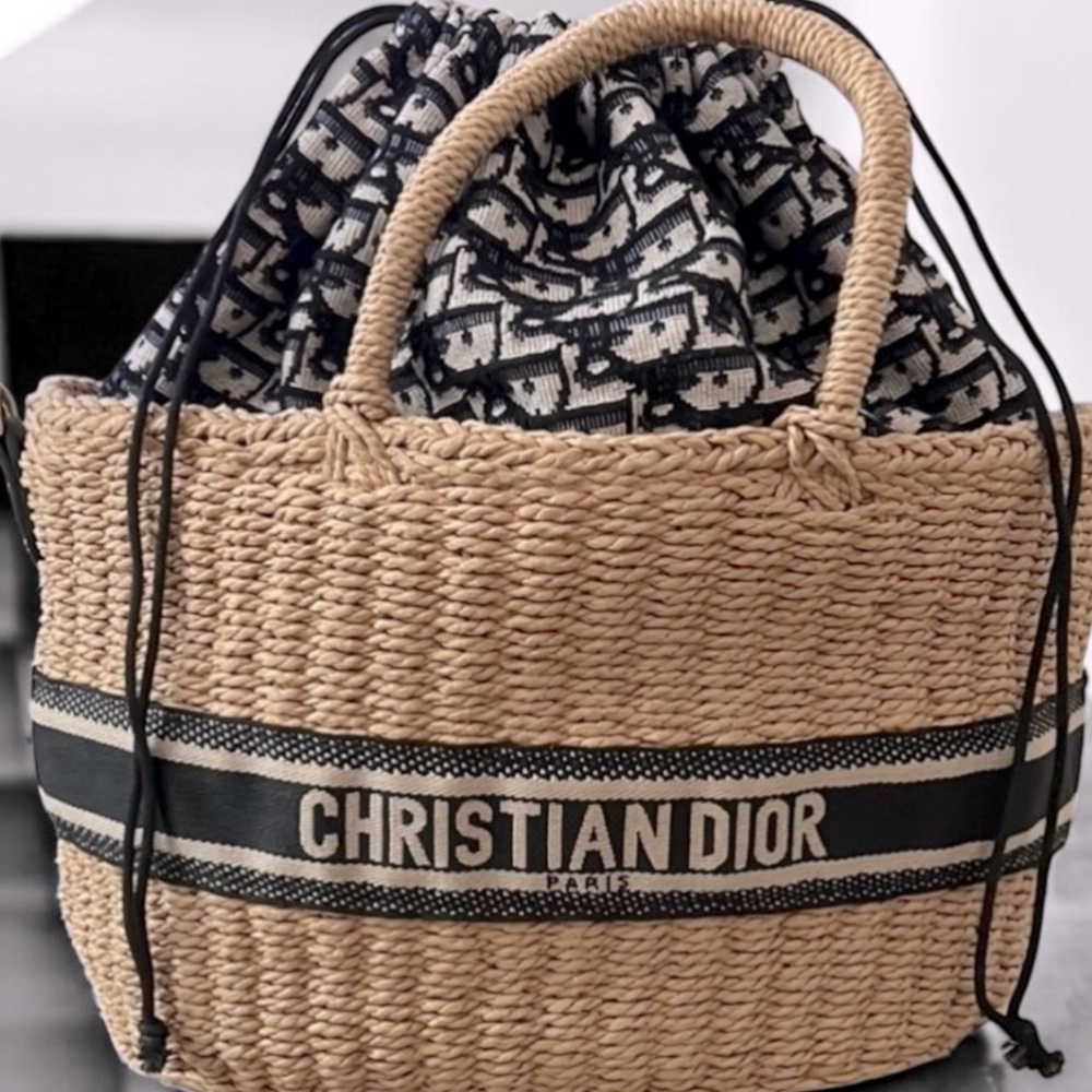 Authentic CHRISTIAN DIOR Wicker
Oblique Basket Bag in Blue